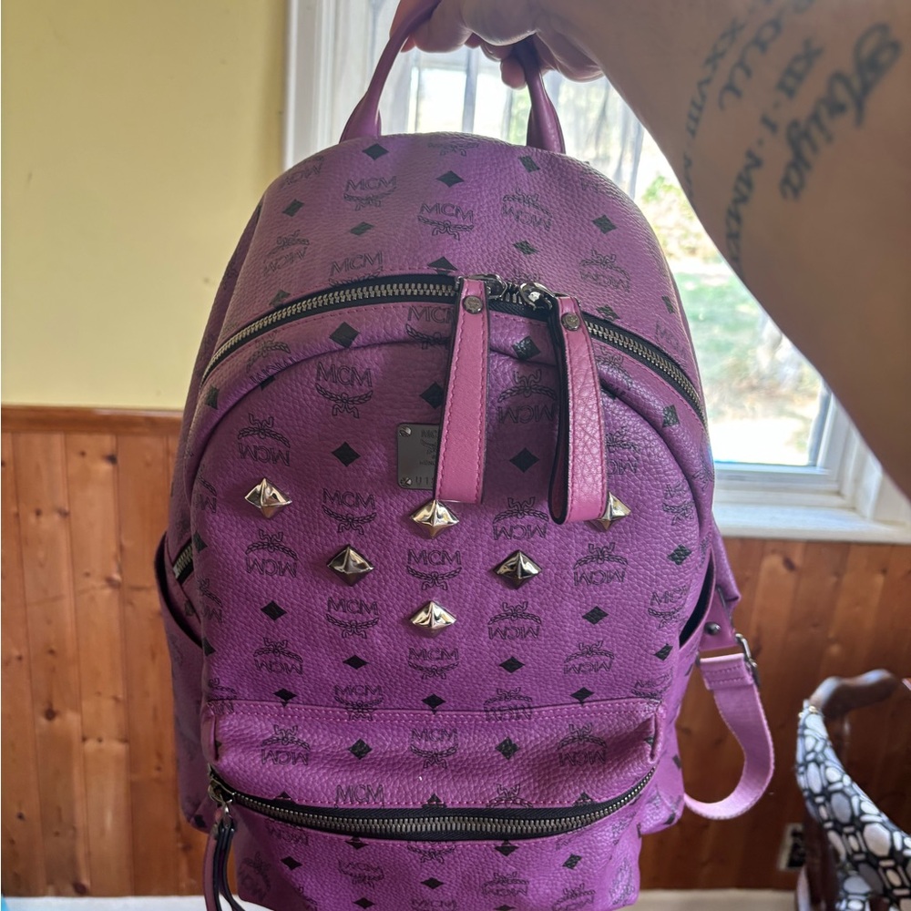 Medium MCM Purple Viestos Backpack with Silver and Black Studs